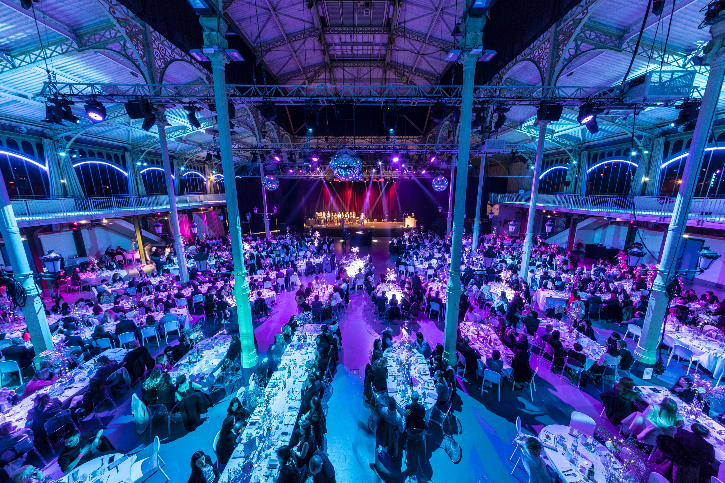 A venue interior set up for an evening event